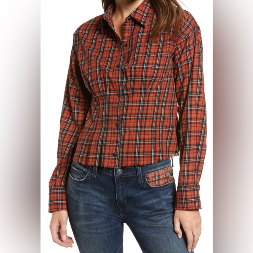 Nwt Current/Elliott The Tella Button Down Pleated Plaid Shirt Raw Hem - Sz 10-12